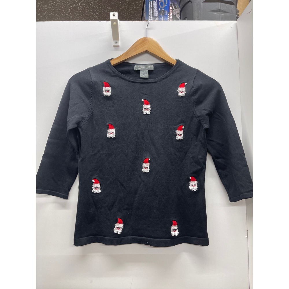 SWL Petite Black Silk Blend Santa Claus Embroidered Beaded Christmas Sweater P/S